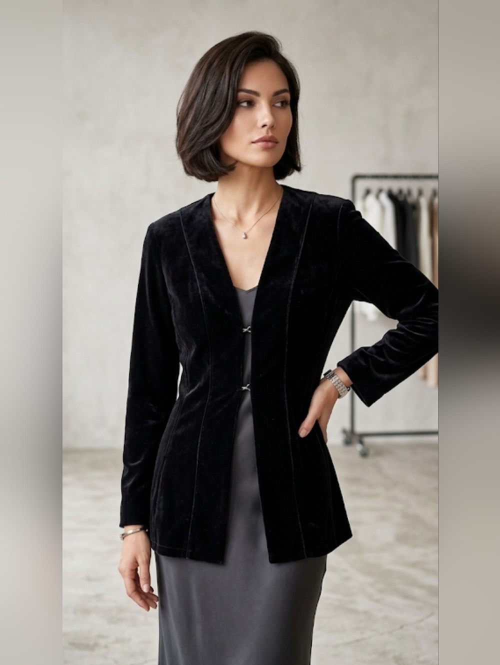 Max Studio Leon Max Black Velvet Hook & Eye Jacket Small Vintage USA Size S